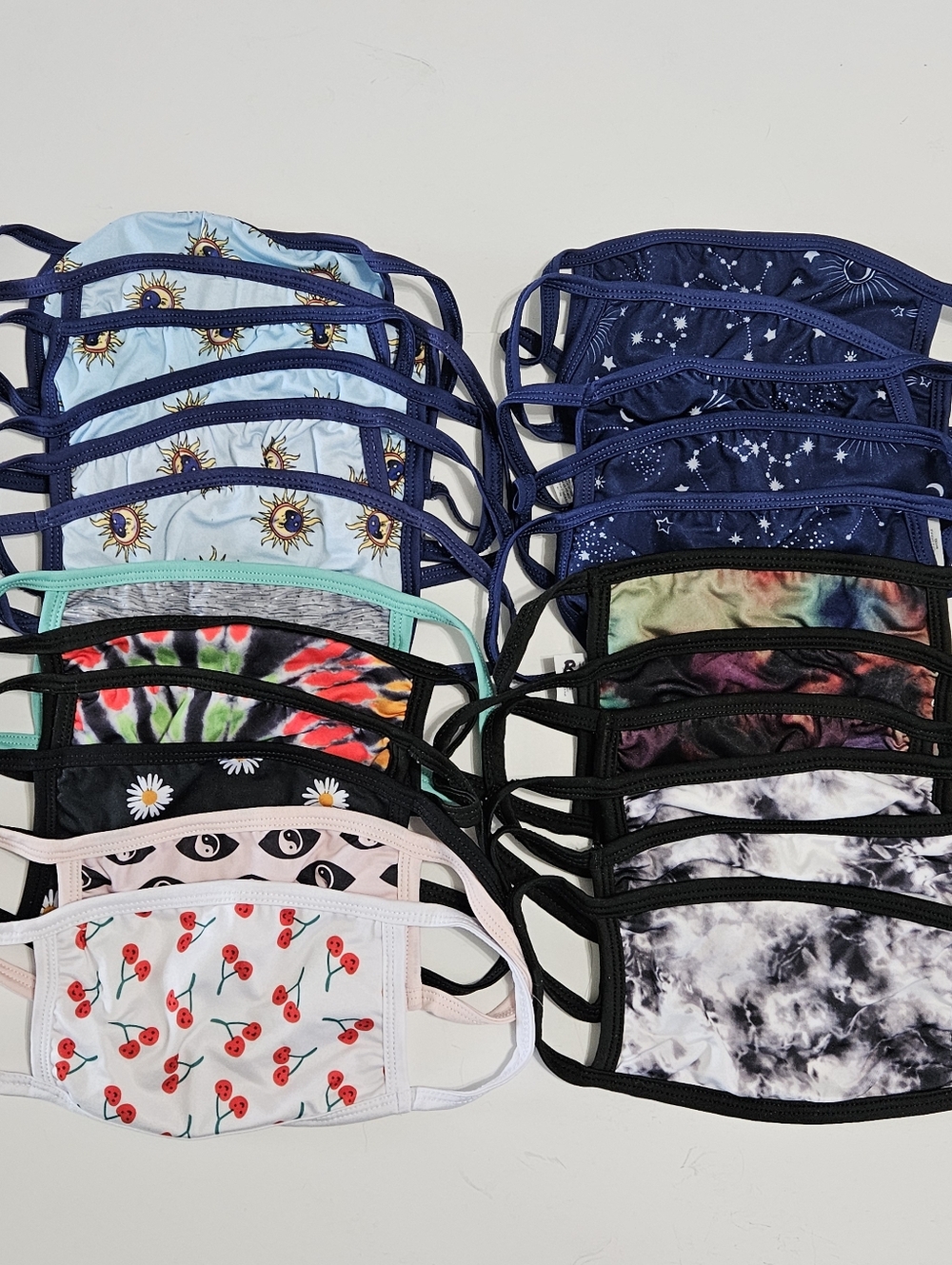 Set of 23 Reusable Fabric Decorative Face Masks with Ear Loops. Floral Tie Dye